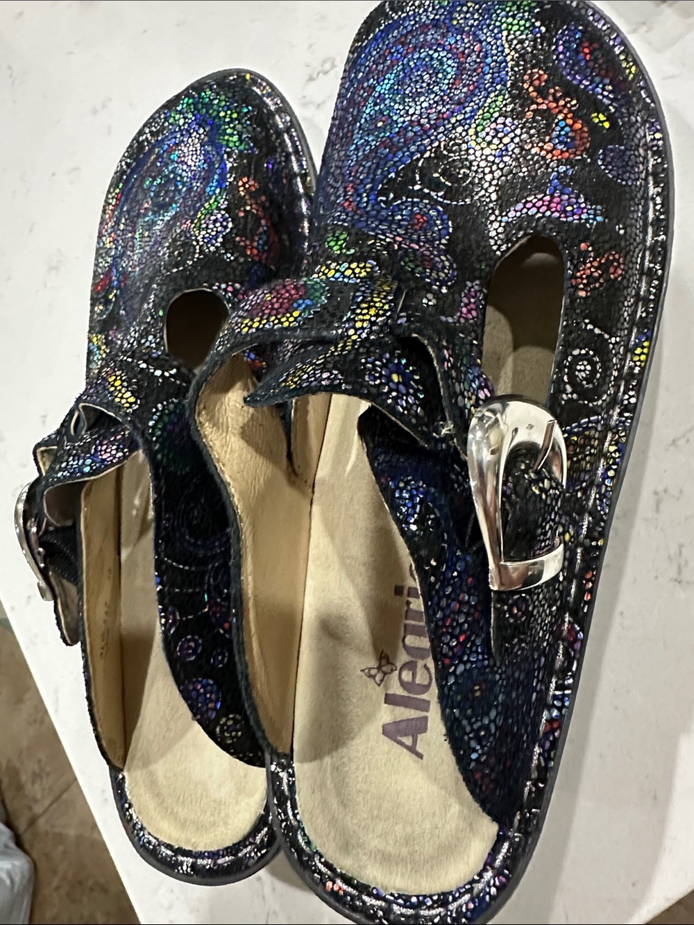 Alegria Black Multicolor Paisley Buckle Clogs - Picture 4 of 4